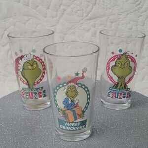 Dr Seuss Grinch Pint Glasses Set of 3 Different Designs Grinchmas Christmas